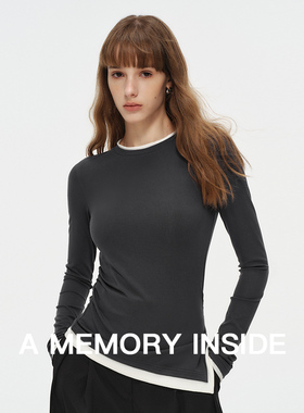 A Memory Inside褶皱设计感假两件开叉长袖T恤女2024春秋新款显瘦