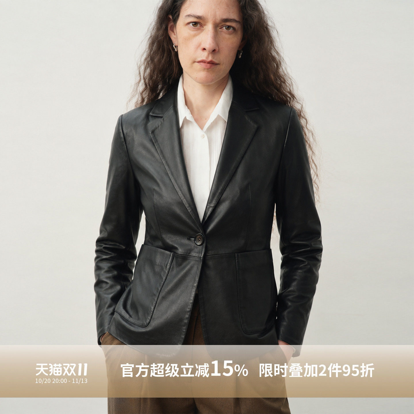 A Memory Inside法式真皮西装外套单扣平驳领绵羊皮黑色皮衣女装