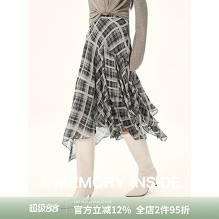 A Memory Inside水墨格纹不规则半身裙复古风休闲抗皱易打理春夏