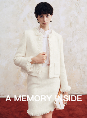 A Memory Inside手工缝制立体花型 白色短款箱型小香风外套短裙女