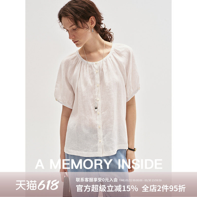 A Memory Inside21支亚麻 撞色三角针短袖衬衫女落肩袖压褶上衣