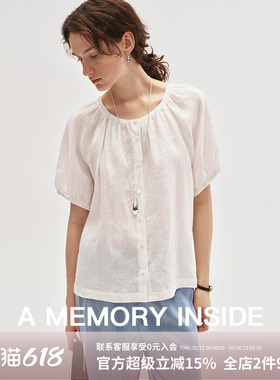 A Memory Inside21支亚麻 撞色三角针短袖衬衫女落肩袖压褶上衣