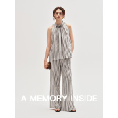 Memory Inside日本纱线混纺亚麻手工穿珠无袖 条纹背心 休闲裤 女