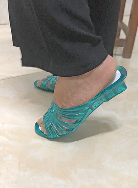 紫色小坡跟拖鞋女塑料中跟水晶鞋时尚镂空甜美居家外穿休闲鞋热卖