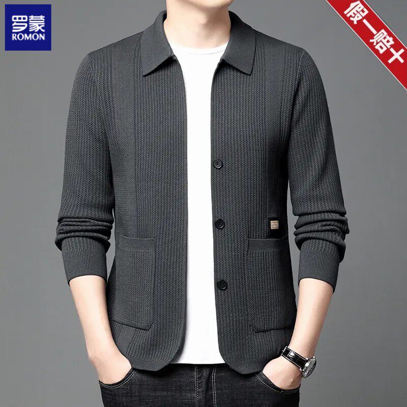 罗蒙2026新款男士开衫毛衣外套春季翻领针织衫时尚休闲纯色夹克潮