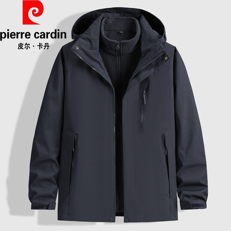 皮尔卡丹冲锋衣男外套加肥加大户外三合一可拆卸男士加绒加厚夹克