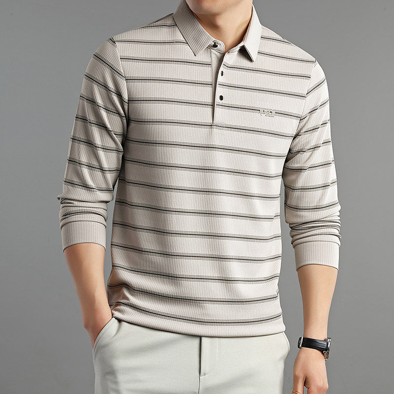 皮尔卡丹长袖翻领POLO衫男士春秋季宽松条纹商务休闲上衣青年卫衣