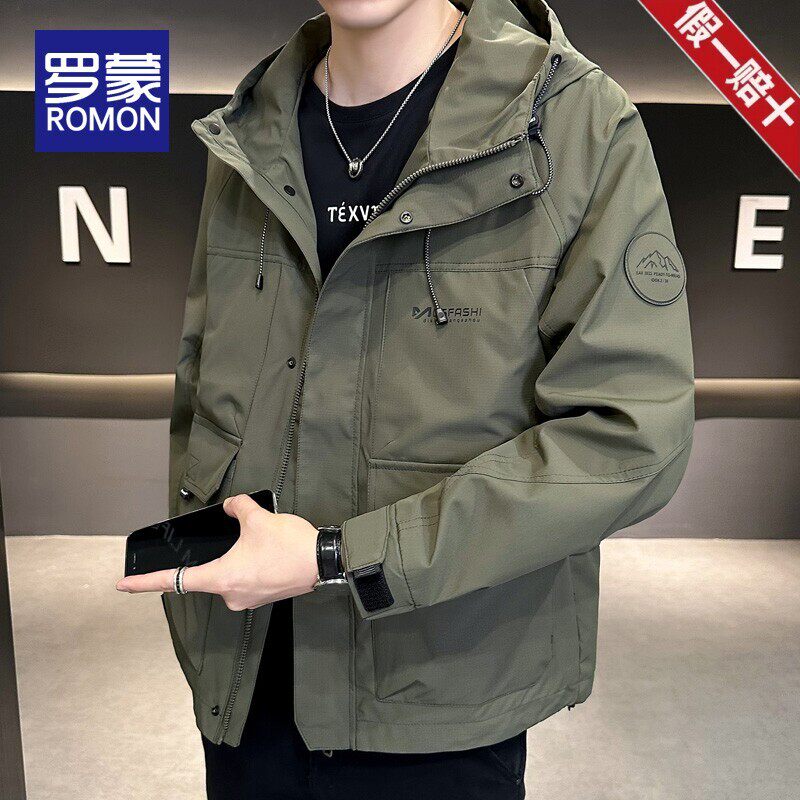 罗蒙男士冲锋衣夹克外套2026春季新款中年连帽工装冲锋衣茄克衫潮