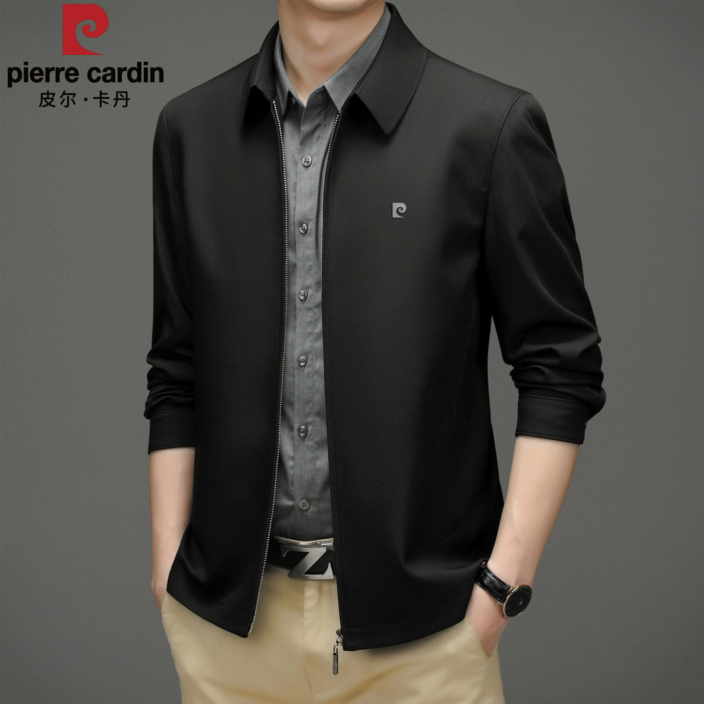 皮尔卡丹春季薄款翻领行政夹克男士2026新款中年爸爸商务茄克外套