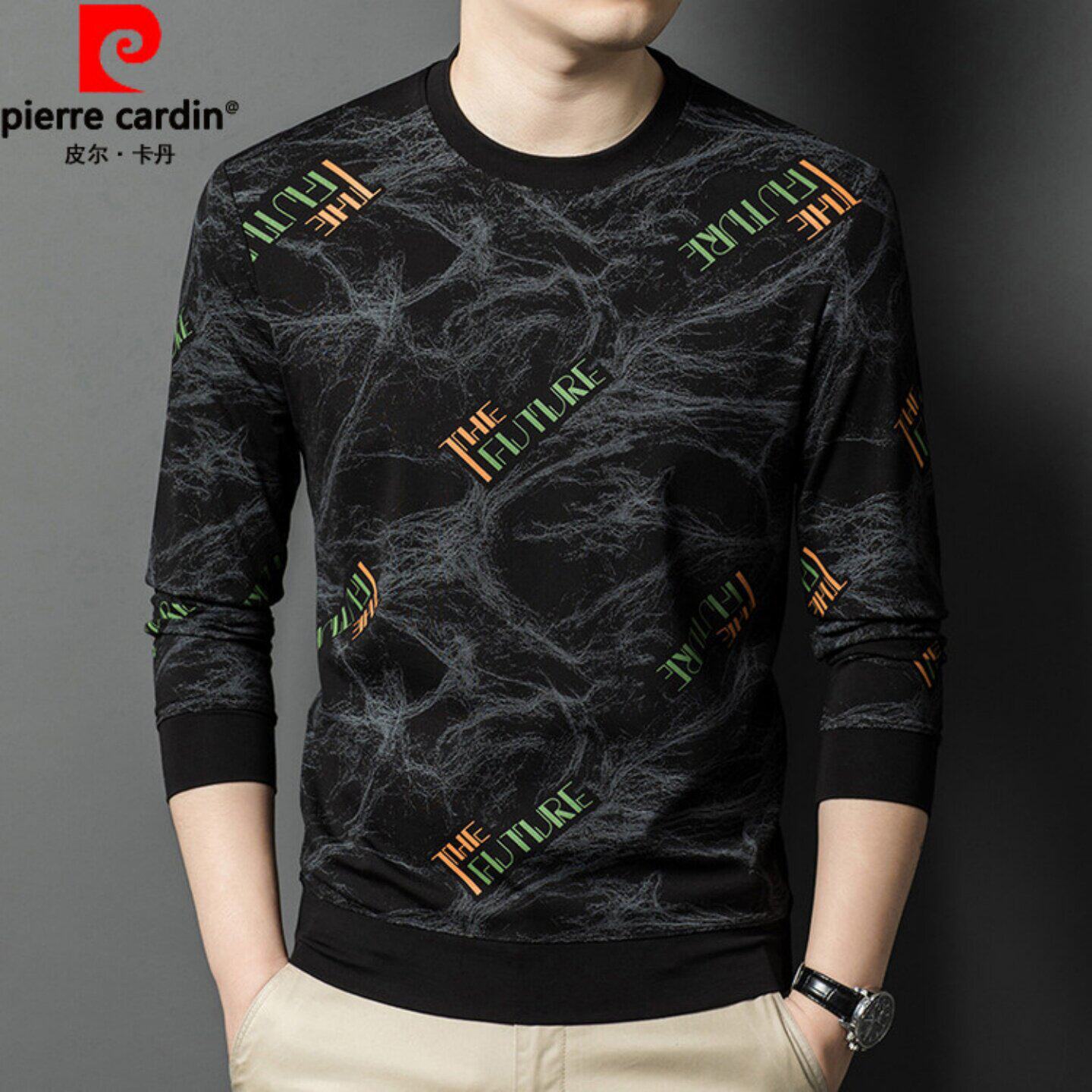 皮尔卡丹男士圆领卫衣纯棉长袖t恤2026春季高端打底衫丝光棉上衣