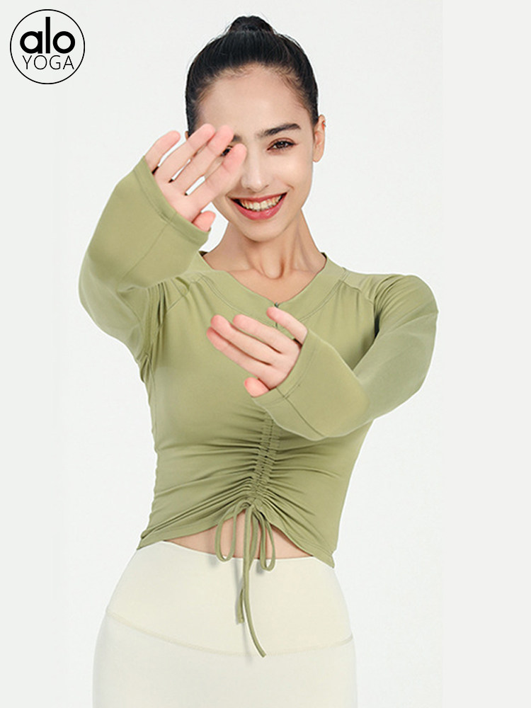 ALO YOGA LONG-SLEEVED FEMALE SLIM SLIM HALF ZIPPER SKINNY DRAWSTRING TOP SEXY CROP TOP CROP TOP PILATES T-SHIRT