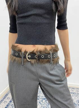 美式辣妹皮毛拼接免打孔腰带小众设计感西部风朋克风时髦毛毛皮带