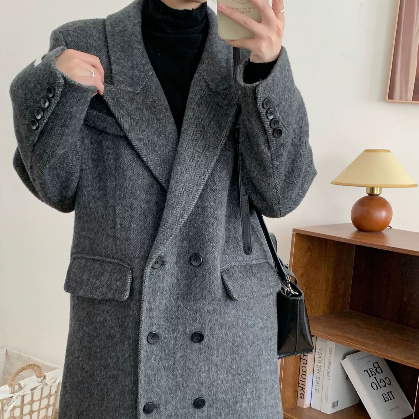 韩版过膝中长款双面羊毛大衣女