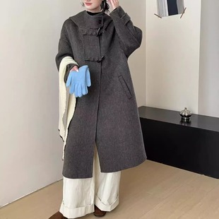 韩系连帽双面羊绒大衣女秋冬新款牛角扣小个子中长款羊毛呢外套女