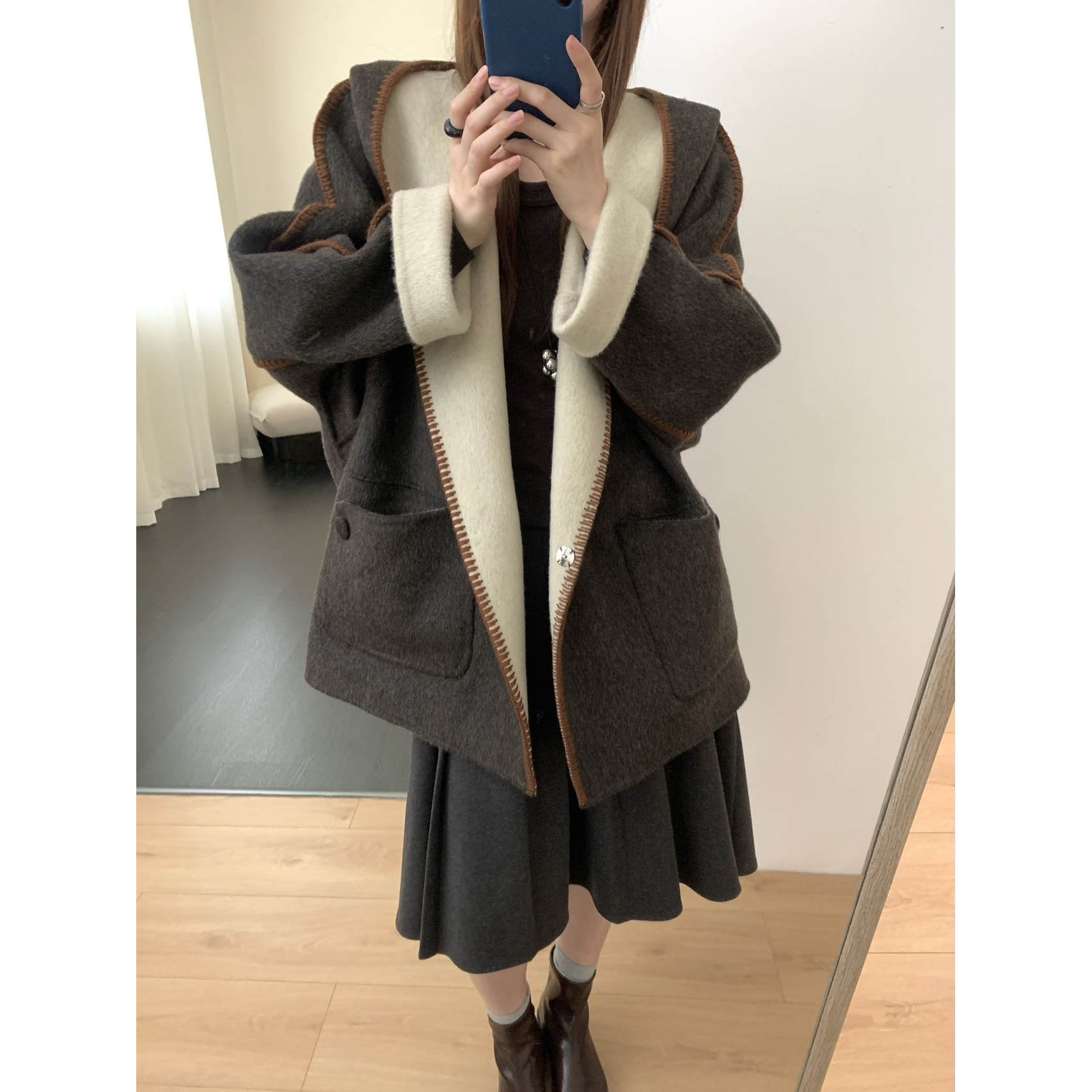 韩系双面羊绒大衣女秋冬新款连帽阔版两面穿中长款羊毛呢子外套女