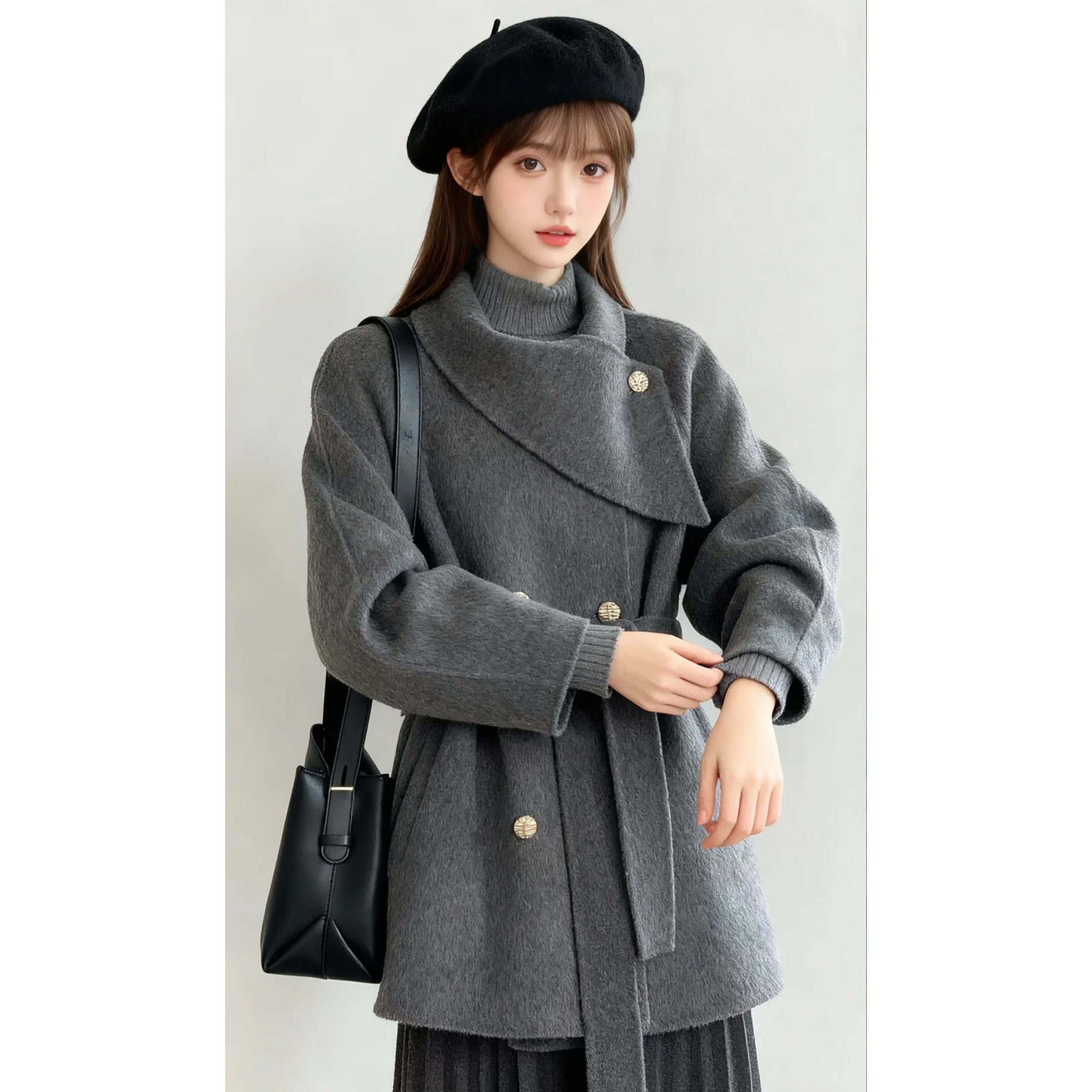 灰色双面羊绒大衣女中长款