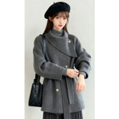 法式 围巾领简约色羊毛大衣2025年秋冬新品 收腰显瘦手缝双面呢外套