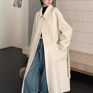 极简风气质长款双面羊绒大衣女韩系阔版宽松显瘦系带羊毛呢外套女