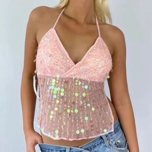 camisole neck sequined top women 深V吊带亮片上衣女Deep for
