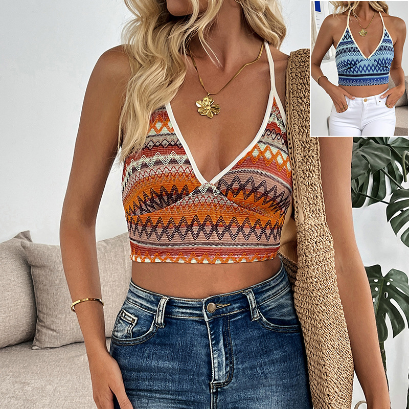 Striped neck slimming suspender for women 条纹挂脖修身吊带女