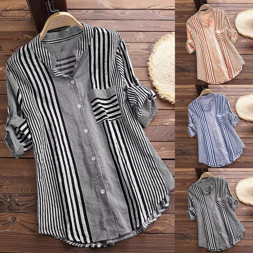 Women's striped loose large shirt   女士条纹宽松长袖大码衬衣
