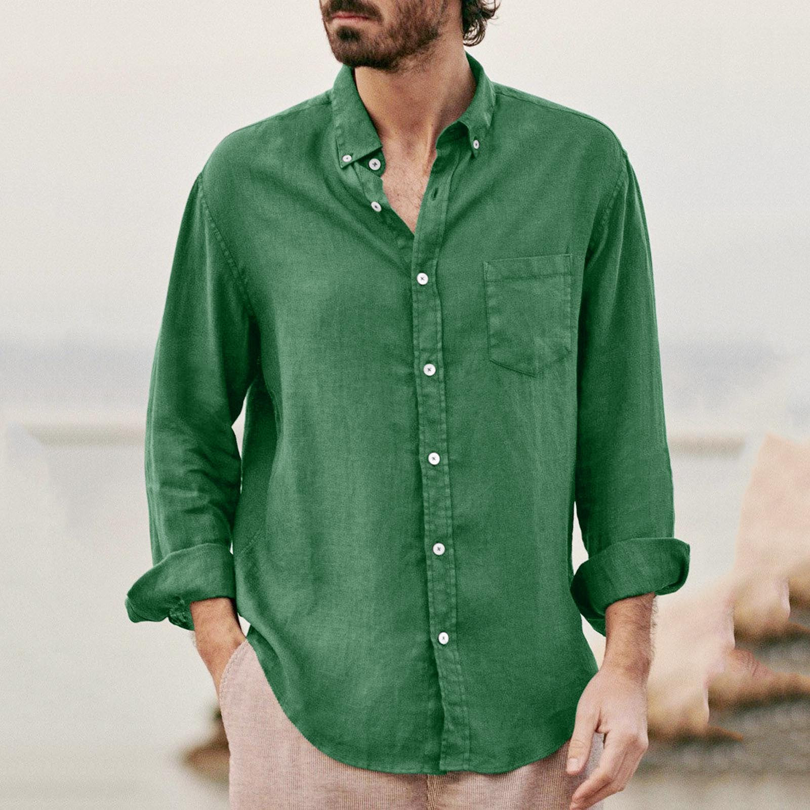 Solid Color Lapel Cotton Linen Loose Men's Shirt棉麻宽松衬衫