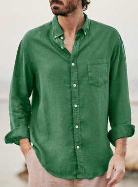 Solid Color Lapel Cotton Linen Loose Men's Shirt棉麻宽松衬衫