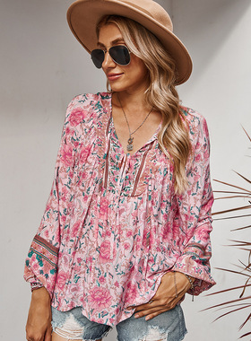 Tassel V-neck  Long Sleeve  Lace-up Boho Blouse Shirts印花女
