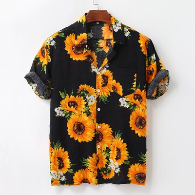 Neck Button Casual Beach Shirts Men Streetwear Clothing衬衣
