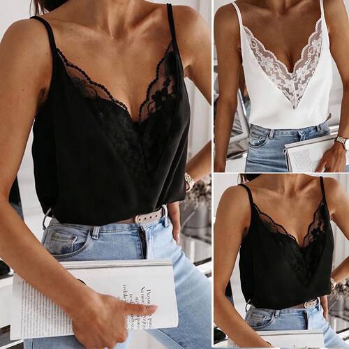 Solid lace patchwork V-neck strap for women蕾丝拼接V领吊带女