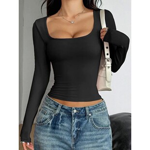 collar Square pullover long top 方领套头长袖 sleeved 纯色上衣