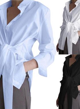 Down Collar Waist Lacing Buttons Asymmetric Shirt Blouse衬衣