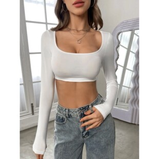 neck slim fit 纯色方领修身 color Square solid top 套头上衣女