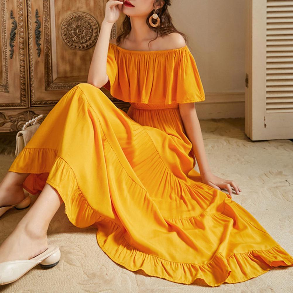 Women wear a long neckline dress  女一字肩二穿领口长款连衣裙