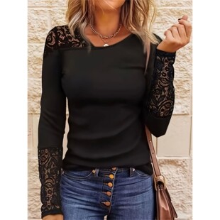 lace neck patchwork top shirt 女士V领套头蕾丝拼接上衣T恤