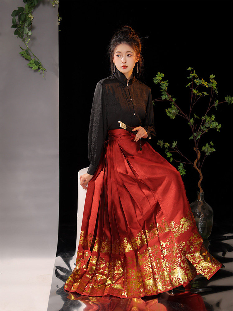 ZHOUXUEYOUYOULUMING 원래 명나라 HANFU 여성의 일일 모조 진주 말 얼굴 스커트 중국 스타일 판타지 컬러 골드 파우더 골드