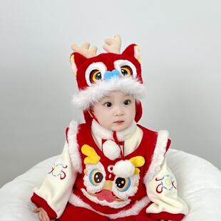 秋冬老虎帽婴幼儿过年毛绒套头披肩帽男女宝宝冬天保暖虎头帽红色