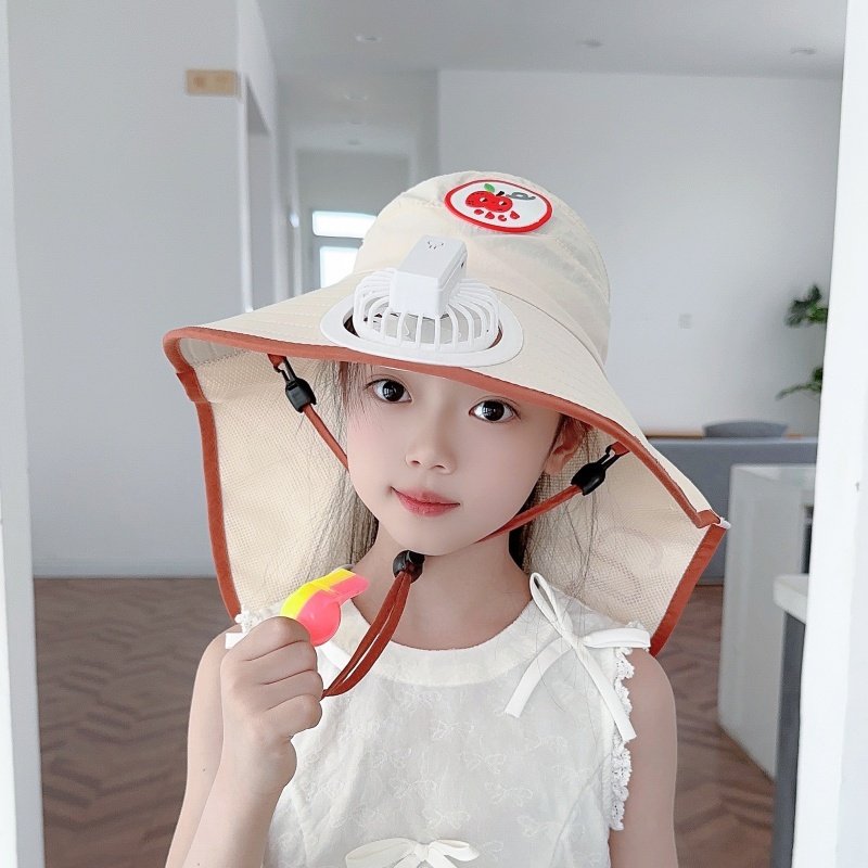 儿童夏季遮阳帽带风扇女童大帽檐披肩帽男童出游防晒空顶帽子宝宝