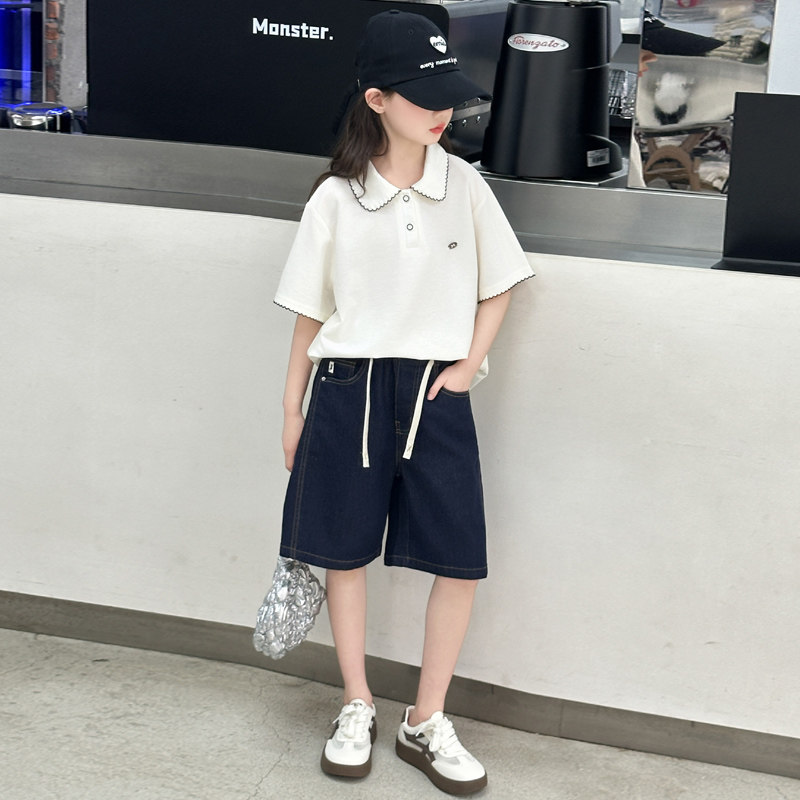 中大童女童套装夏季2026新款学院风翻领T恤宽松牛仔短裤休闲童装