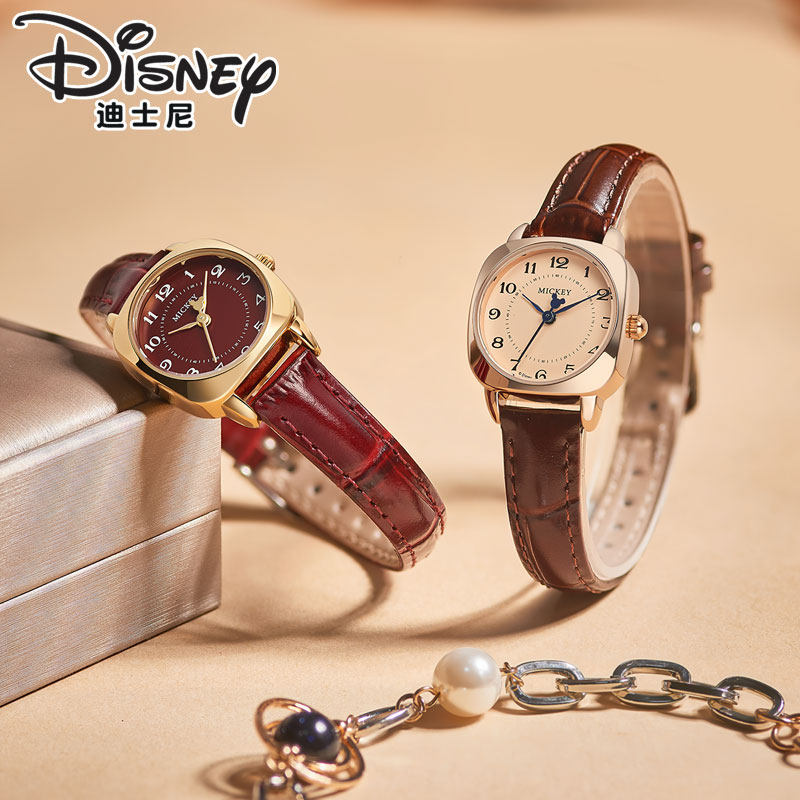 迪士尼手表女官方正品米奇时尚小方表女士石英腕表复古生日送礼物