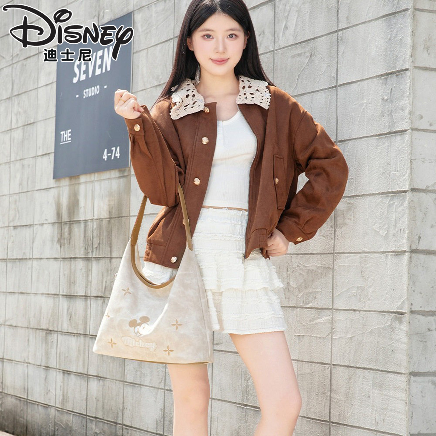迪士尼包包女2026新品米奇刺绣大容量托特包女士美拉德风单肩包