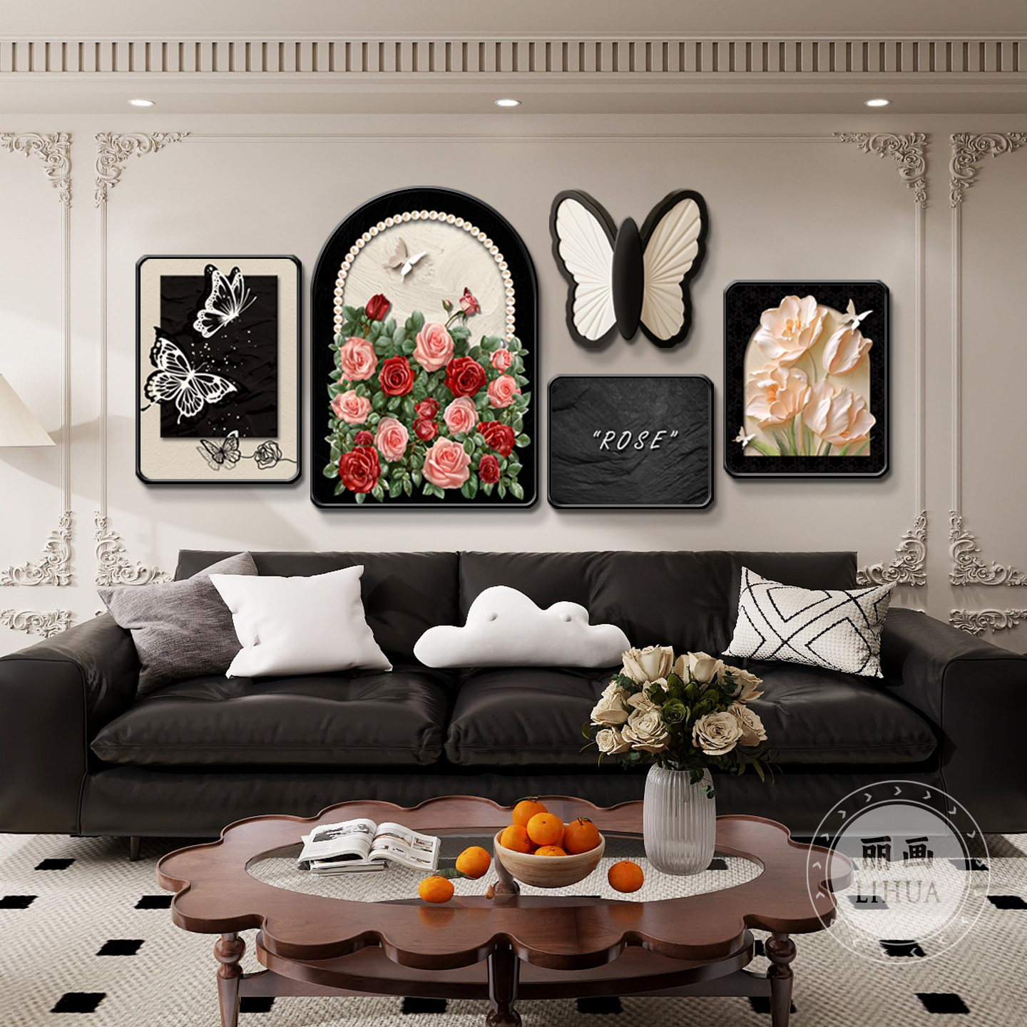 法式复古风客厅装饰画奶油中古风沙发背景墙挂画蝴蝶玫瑰组合壁画