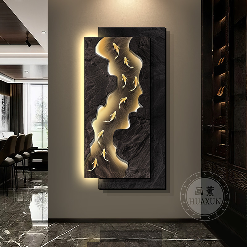 现代轻奢玄关装饰画立体砂岩九鱼寓意好挂画高级入户正对门壁灯画图片