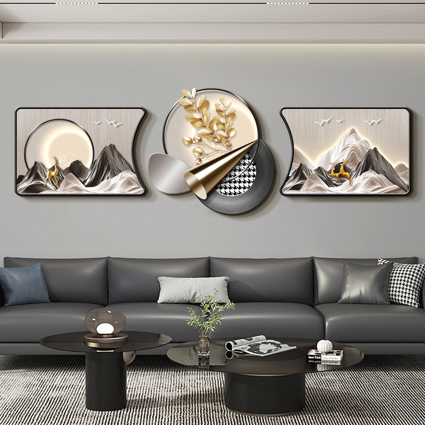 轻奢高级感客厅装饰画背有靠山沙发背景墙挂画高档大气三联组合画,家居饰品,现代装饰画,淘宝优惠券,粉丝福利购,淘宝优惠卷