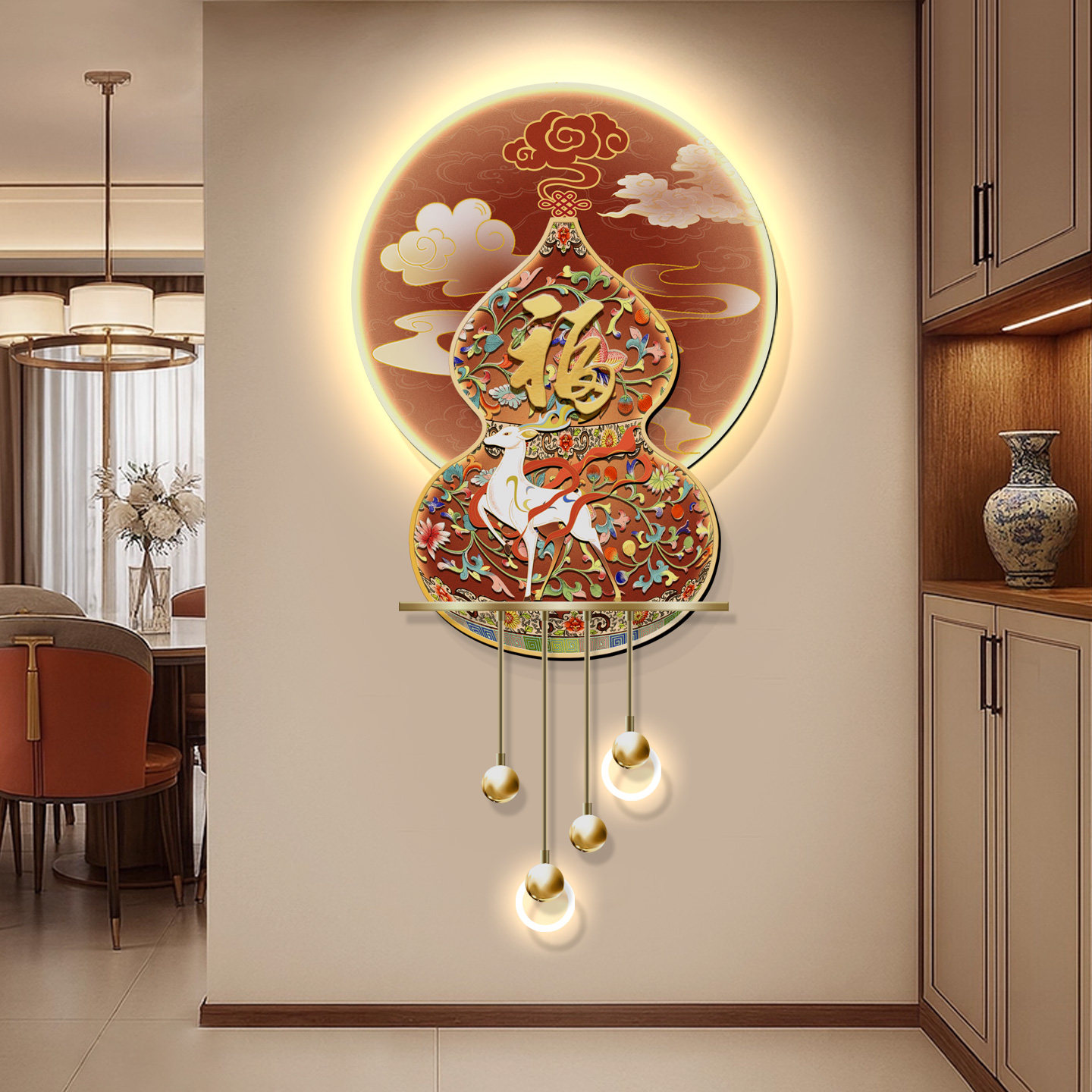 新中式葫芦玄关装饰画福鹿入户走廊过道挂画立体吊坠带灯光壁饰画