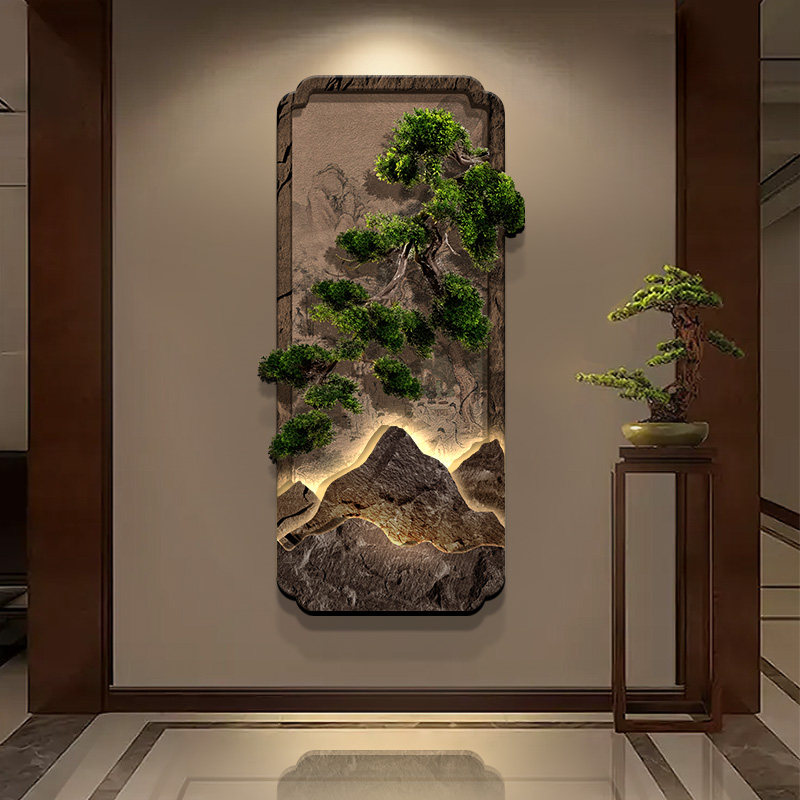 新中式迎客松玄关装饰画竖版山水走廊过道挂画高级感入户门壁灯画