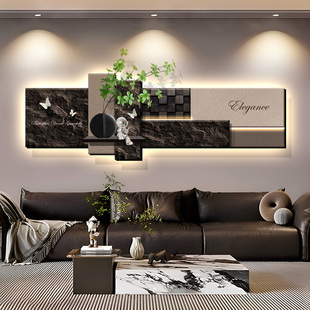 现代轻奢客厅装饰画高级感带灯沙发背景墙挂画2026新款大白墙壁画
