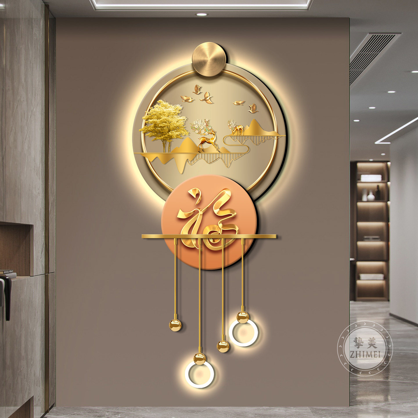 新中式金色福字玄关装饰画轻奢麋鹿走廊过道挂画入户正对门壁画灯