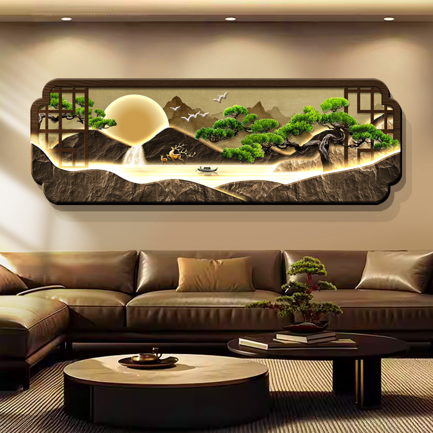 迎客松客厅装饰画流水生财LED灯画新中式禅意茶室沙发背景墙壁画