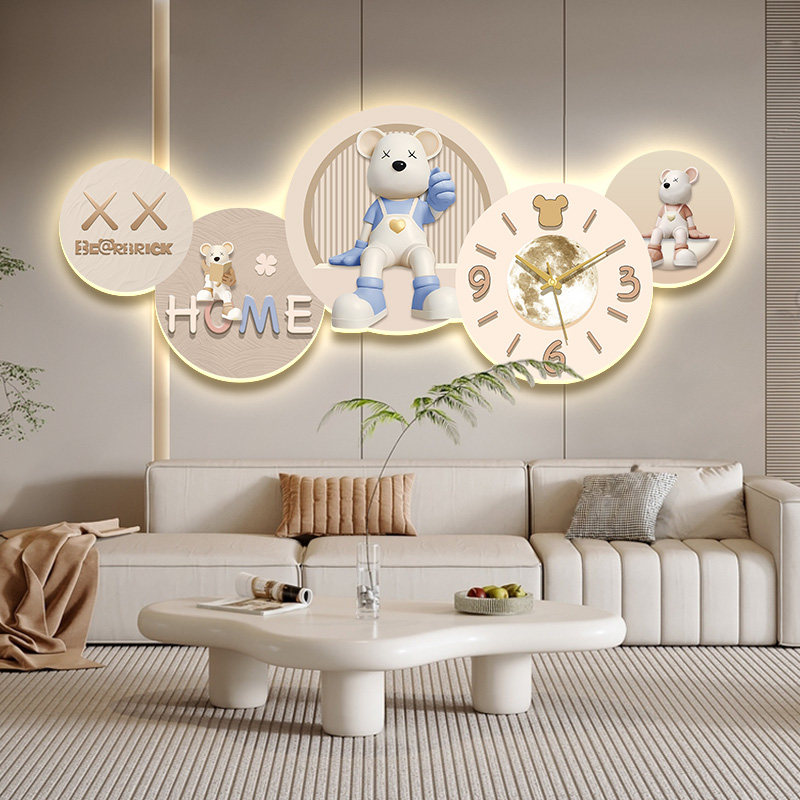 奶油风客厅装饰画暴力熊沙发背景墙壁挂画高级感创意时钟发光灯画